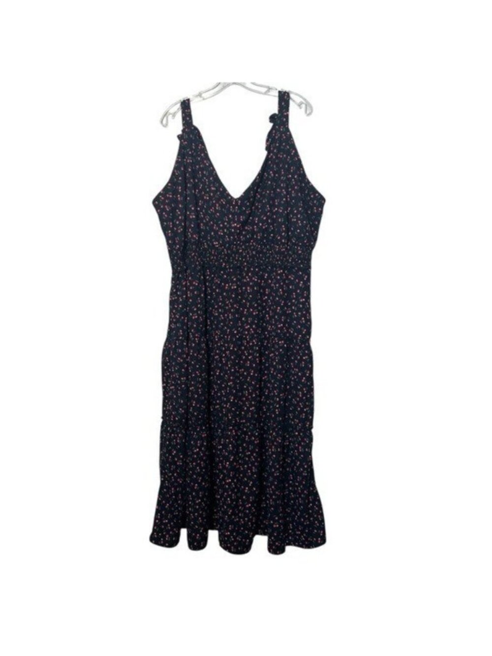 Arula Womens 3X Midi Dress Navy Cherry Print Smocked Tiered Ruffle Strappy